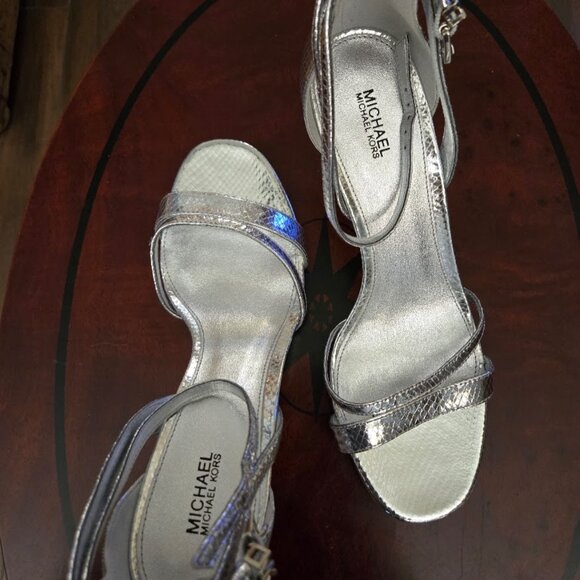 Michael Kors Kimberly Metallic Snake Embossed Leather Sandals - Picture 1 of 5